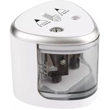 Imagem de Apontador Elétrico Duplo Automático Portátil com Tampa Transparente para Lápis 6-12mm – Ideal para Escola, Escritório e Uso Profissional Á Pilha Branco Premium
