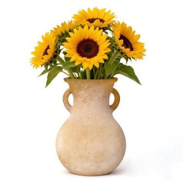 Imagem de Vaso de vidro marrom com alças – Vaso de flores rústico estilo terracota de 19 cm, pote redondo decorativo vintage para flores secas, peça central de estética terrosa para casa de fazenda moderna e