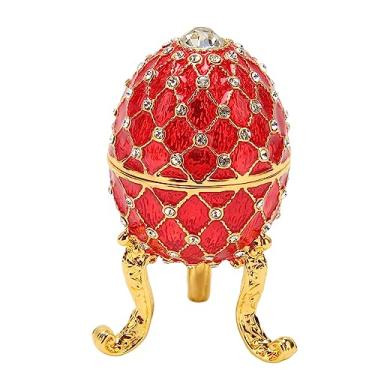 Imagem de Ainoli caixa de berloque em forma de ovo, liga de zinco, suporte de anel de joias, caixas de estatuetas colecionáveis ​​com base de tripé dourado (Vermelha)
