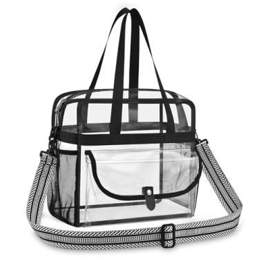 Imagem de Higuyst Sacola transparente 30 x 30 x 15 cm para eventos esportivos e shows, bolsa transparente para estádio com alça ajustável, bolsos de malha, Alça de guitarra preta/W, Large, Sacola transparente