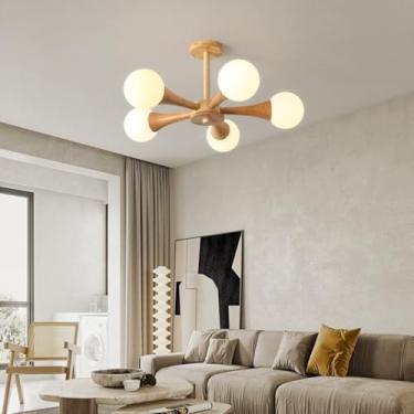 Imagem de Luminária de teto LED, luminária de teto de madeira E27, luminária de embutir decorativa 3000K-6000K, luminária de madeira estilo tatame japonês simples, luminária pendente de vidro para cor