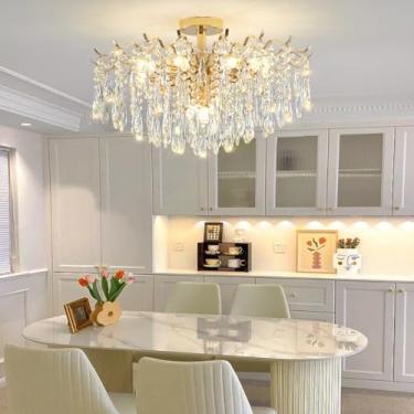 Imagem de Lustre de cristal dourado K9 elegante e moderno em formato de galho, luminária de teto com cúpula para sala de estar, sala de jantar, quarto, cozinha, ilha e corredor (60 cm)
