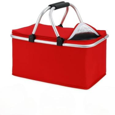 Imagem de Cesta de Piquenique Bolsa Térmica Picnic Grande Dobrável Cooler Praia Camping Pesca Lanche(Vermelho)