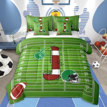 Imagem de jejeloiu Conjunto de edredom de futebol, solteiro, 7 peças, presentes inspiradores para amantes de futebol, para crianças, meninos, meninas, letra J, cama em uma bolsa, monograma, decoração de quarto