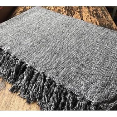 Imagem de Manta para Sofá Algodão 2,50x1,80m Artesanal Decorativa com Nós nas Pontas Capa Protetora Elegante(Azul com Crú)