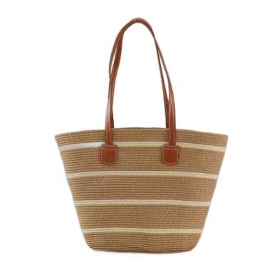 Imagem de Bolsa De Palha Grande Com Forro Para Praia, Piscina, Férias E Uso Diário - Caqui Listrada