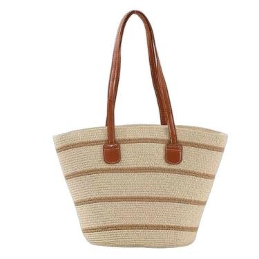 Imagem de Bolsa De Palha Grande Com Forro Para Praia, Piscina, Férias E Uso Diário - Bege Listrada