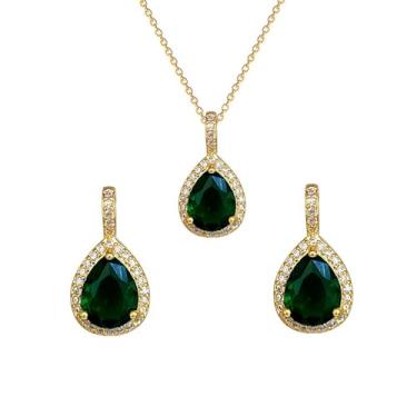 Imagem de Dtja Conjunto de 2 peças de joias de gota de cristal para mulheres banhado a ouro delicado verde CZ geométrico brincos pingente colar colar dia de São Patrício acessórios de vestido de festa joias
