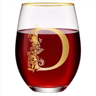 Imagem de Taça de vinho com monograma floral sem haste exclusiva gravada com inicial para tinto ou branco 425 g copo de vinho letra D - presentes para mulheres, homens, presentes de aniversário, Natal,