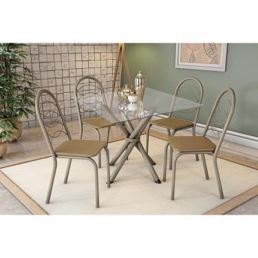 Imagem de Sala De Jantar Completa Volga C/ Tampo De Vidro 90cm E 4 Cadeiras Holanda Niquel - Courano Capuccino - Kappesberg