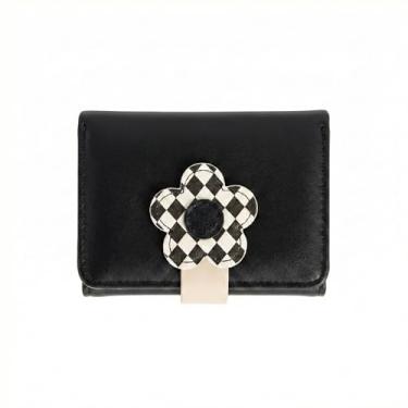 Imagem de Carteira Feminina Pequena Compacta Porta Cartões e Notas Design Flor Xadrez Couro PU Macio Mini Tons Pastel (Preto)
