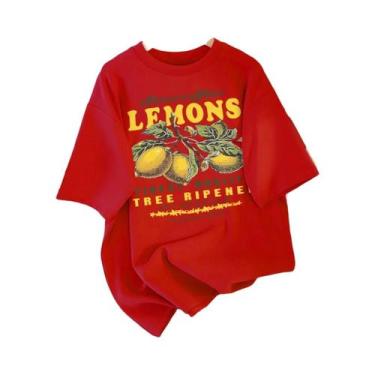 Imagem de Camiseta Feminina Solta De Algodão Com Estampa De Limão, Gola Redonda,