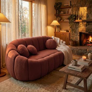 Imagem de Sofá Curvo Orgânico Confortável Concha Bouclê Terracota - Montanari`s Decor