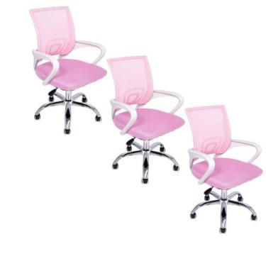 Imagem de Kit 3 Cadeiras De Escritório Oficial Begonia Tela Mesh Ergonômica Rosa