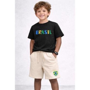 Imagem de Conjunto Infantil Brasil Kit Camiseta Short Moletinho Torcedor Copa Relogio Digital-Masculino
