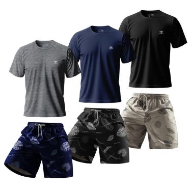 Imagem de Kit Masculino 3 Camisetas Dry Manga Raglan Academia E Shorts Estampado Verão Praia Bási...
