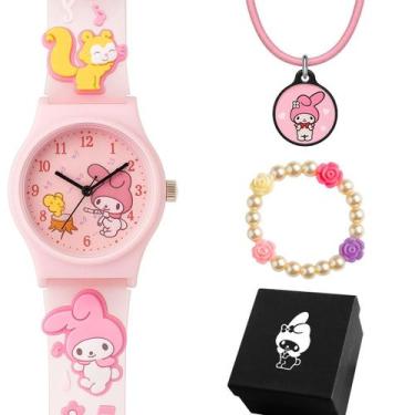 Imagem de relogio infantil rosa silicone + caixa + colar pulseira menina acetato