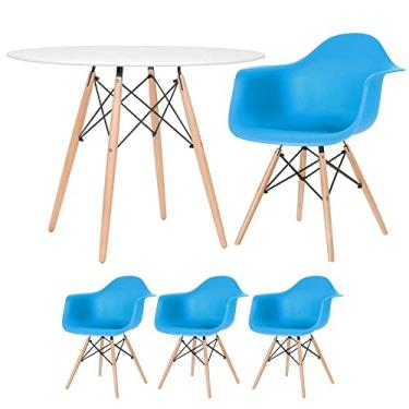 Imagem de Loft7, Kit - Mesa redonda Eames 100 cm branco + 3 cadeiras Eiffel Daw Azul céu