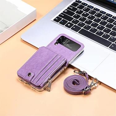 Imagem de Capa de telefone transversal com zíper para Samsung Galaxy Z Flip 4 5G compartimento para cartões de crédito capa traseira de couro com cordão, roxo, para Galaxy Z Flip4 5G