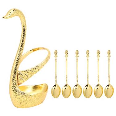 Imagem de Elegante Spoonsswan Colher Titular Liga de Zinco Suporte em Forma de Cisne Conjunto de Colheres de Sobremesa para Cozinha Utensílios de Mesa Suprimentos para Casamento (Padrão Dourado com 6 Colheres)