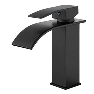 Imagem de Torneiras para lavatório Cachoeira de latão Torneira para pia de banheiro Alavanca única Orifício Montagem em convés Bico quadrado grande Torneiras misturadoras, pretas, curtas