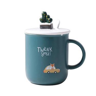 Imagem de seelucky Caneca de cacto verde com tampa de colher estilo nórdico copo de café de cerâmica xícara de chá copo de leite presente escritório casa (raposa de cacto verde, 400 ml)