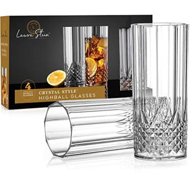 Imagem de Laura Stein Óculos de plástico estilo cristal champanhe com haste (pacote com 4) – Óculos de champanhe transparente descartável | Premium, reutilizável, pesado, elegante | Ótimo para casamentos, recepções e ocasiões, Clear, Highball Glasses, 4