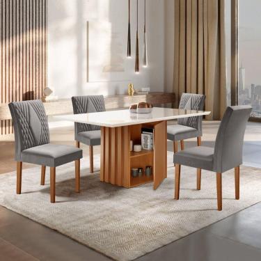 Imagem de Conjunto Sala de Jantar Mesa Tampo Slim Plus Vidro 120x90cm com 4 Cadeiras Elis Cel Móveis Cinamomo/Off White/Suede Cinza