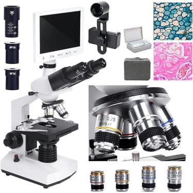 Imagem de CHONGHAN Microscópios Eletrônicos Binoculares, Microscópio Estudantil Composto 200X-15000X com 4 Objetivas (4X, 10X, 60X, 100X) e 2 Oculares (50X*2), Display HD, para Experiências de Ciências