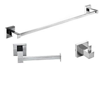Imagem de Kit 3 Acessórios Porta Toalha de Banho Metal 65cm + Papeleira Reta + Cabide Simples Cromado