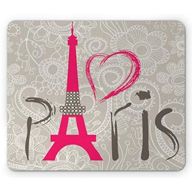 Imagem de Lunarable Tapete de rato Torre Eiffel, Paris Lettering I Love Paris padrão de renda em forma de coração, tapete de rato retangular de borracha antiderrapante, tamanho padrão, cinza pálido, rosa e