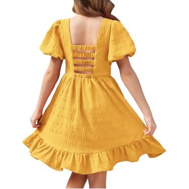 Imagem de Arshiner Vestido feminino frente única manga curta gola quadrada bainha babados vestidos elegantes, Amarelo, 4