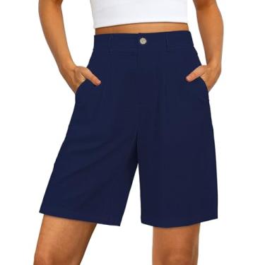 Imagem de luvamia Bermuda feminina de linho de cintura alta elegante casual plissada perna larga shorts de verão com cintura elástica, Azul escuro, G