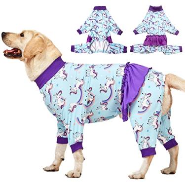 Imagem de LovinPet Macacão de cachorro grande Pitbull, camisa de cachorro de unicórnio, estampa de arco-íris de unicórnio mágico, pulôver de malha elástica leve, pijama grande para filhotes, pijamas de raças