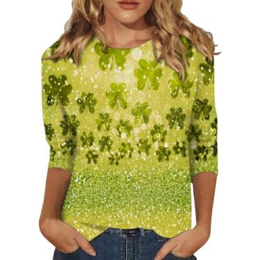 Imagem de Camisetas femininas do Dia de São Patrício com estampa da bandeira irlandesa, túnica verde, gola redonda, manga 3/4, Amarelo, GG