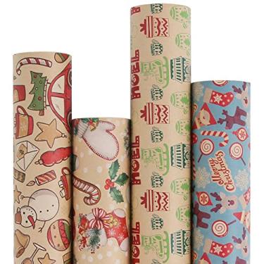 Imagem de Aimyoo Pacote de papel de embrulho de Natal Kraft, rolos de papel de embrulho de presente vintage para crianças com 4, meias de bengala doce, Papai Noel veados boneco de neve sapatos de patinação, 43 cm x 4,9 m por rolo