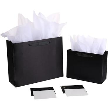 Imagem de jabberwpacking Pacote com 2 sacos de presente pretos premium com papel de seda e cartão (saco de presente de papel de seda) para lembrancinhas de festa de aniversário masculinas (médio e grande)