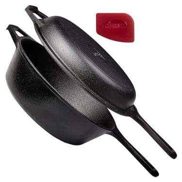Imagem de Cuisinel Frigideira de ferro fundido + tampa – multifogão 2 em 1 – panela funda + frigideira – forno holandês de 3 litros – panelas pré-temperadas seguras para forno – interno/externo – churrasqueira, fogão, seguro para indução – Ótimo para pão