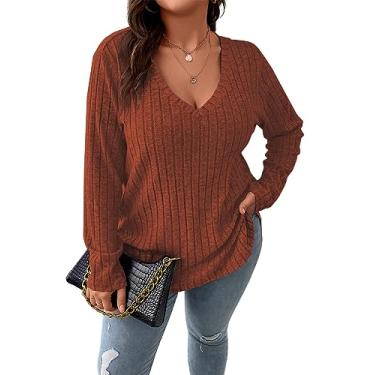 Imagem de Koscacy Suéter feminino de malha casual plus size, gola V, cor sólida, blusas leves de manga comprida, Marrom enferrujado, 5X-Large Plus