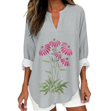 Imagem de Camiseta feminina com estampa floral de linho, manga comprida, gola V, caimento solto, casual, confortável, camisetas para sair, Cinza, 5G