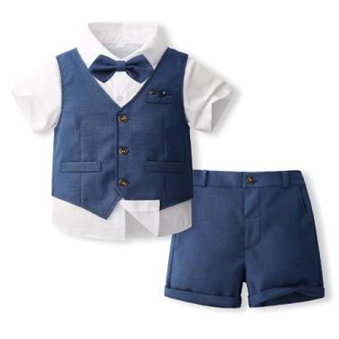 Imagem de Volunboy Conjunto de roupas de verão para bebês meninos, manga curta, anel de casamento, 4 peças, vestido de formatura, colete e camisa de gravata borboleta, Azul marino, 18-24 Meses