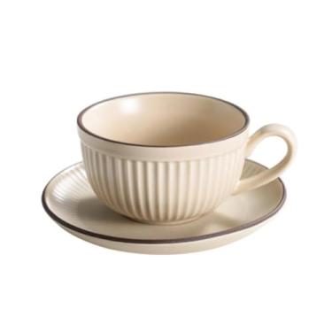Imagem de CAPIJIONG Conjunto de chávenas e pratos requintados de café em casa estilo europeu, com pétalas retrô, latte, latte, latte, xícara elegante amarela listrada de 280 ml