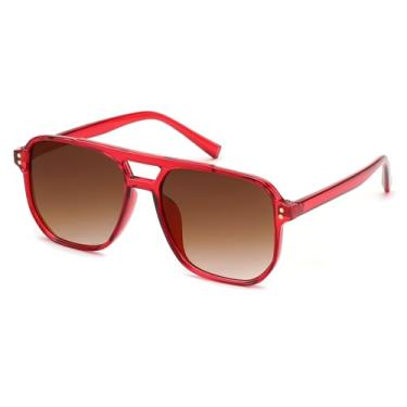 Imagem de FEISEDY Óculos de sol retrô quadrado aviador feminino masculino anos 70 vintage moderno armação de plástico B2835, Armação vermelha/lente marrom gradiente, 57mm