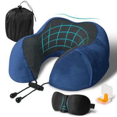 Imagem de Travesseiro de viagem, travesseiro de pescoço de espuma viscoelástica para viagem, travesseiro de pescoço em forma de U, kit de viagem portátil de avião, com máscaras de olhos contornadas 5D e tampão