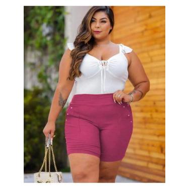 Imagem de Bermuda Feminino Plus Size Short Bengaline Short Liso Short Pérolas no