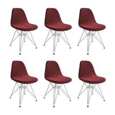 Imagem de Kit 6 Cadeiras Jantar Eames Eiffel Estofadas Vermelho Base Ferro Branc