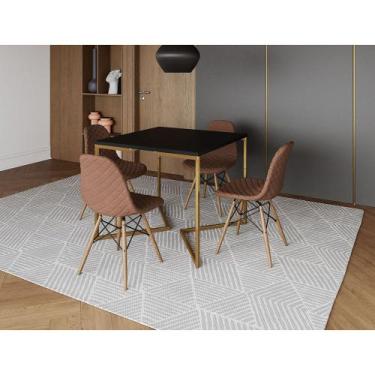Imagem de Mesa Jantar Industrial Base V Dourado 90cm Quadrada Preta C/ 4 Cadeira