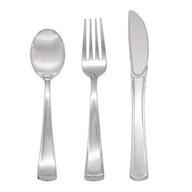 Imagem de Party Essentials Talheres de plástico descartáveis/talheres resistentes/talheres para todos os eventos, conjunto de 150 unidades, prata brilhante