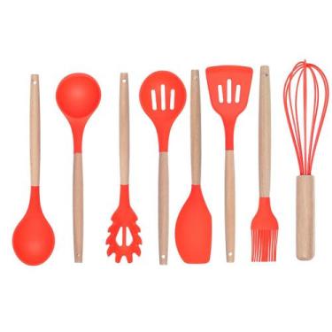 Imagem de Jogo 8 Utensílios De Cozinha Silicone Cabo De Bambu Vermelho - Ladiv C