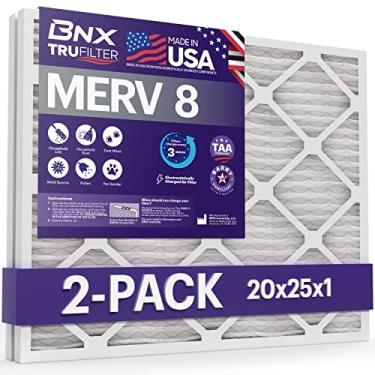 Imagem de BNX Filtro de ar MERV 8 20 x 25 x 1, pacote com 2 - Feito nos EUA - Filtros de ar condicionado plissados eletrostáticos HVAC AC - Remove poeira, mofo, pólen, fiapos